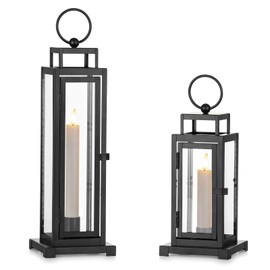 Staymoment Black Lanterns Decorative Indoor Set of 2 : 13" & 15" Glass Outdoor Lantern Candle Holder with LED Taper for Patio Porch Fireplace Living Room Tall Modern Home Decor