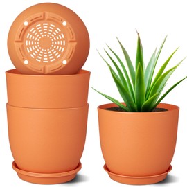 Moneysdodo 8 inch Plant Pots Set of 4 Pack, Plastic Planters with Drainage Holes and 4 Saucers, Morden Decorative Creation Flower Pots for Indoor & Outdoor Garden House Plants, Orange