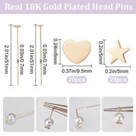 Beebeecraft 1 Box 40Pcs 2 Styles 0.7mm Head Pins 18K Gold Plated Heart Pentagram Star Quilting Satin Straight Pins for Sewing Pins Dressmaker Jewelry Making DIY Craft