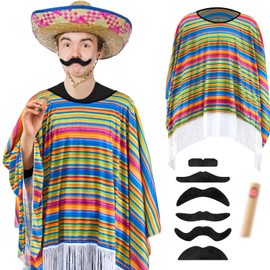 HICARER Pack of 3 Carnival Mexican Costume with Colourful Festival Serape Poncho Western Cowboy Festive Moustache Funny Fake Cigar for Adults Men Women One Size (Classic)