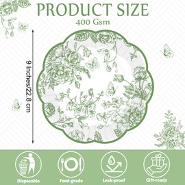 Kochorie 100 Pieces Sage Green Floral Paper Plates 9 Inches Disposable Green Flower Scalloped Plates Vintage Floral Dinner Dessert Decorative Plate for Wedding Baby Shower Birthday Party Supplies
