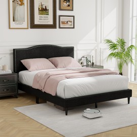 Giantex Queen Bed Frame with Headboard, Modern Platform Bed with Linen Fabric Nailhead Trim Headboard, Wooden Slats Support, No Box Spring Needed, Upholstered Bed Frame Queen Size, Black
