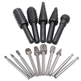 Saipe 5pcs 1/4" Shank Rotary Rasp File Burr Set Woodworking Chisel Shaped Rotating Embossed Grinding Head and 10pcs 1/8" Shank HSS Routing Router Bits Burr Wood Carving Drill Bits Set