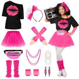 SlowTon 80s Outfits Costumes Accessories for Women - 1980s Fancy Dress with Pink Tutu Hip Pop Disco Skirt Leg Warmers Earrings Headband Necklace Fishnet Gloves for Women Girls Retro Theme Party 24PCS