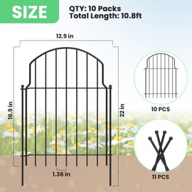 Tivray 10Pcs Garden Fence, 22in(H)/10.8ft(L) Dog Fence Outdoor for Yard, Fence Panels Decorative Garden Fence Borders, Metal Animal Barrier for Dogs, Rabbits, Dig Defence, Garden Decor, Patio
