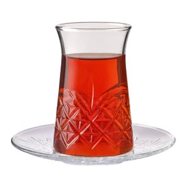 Pasabahce Crystal Turkish Tea Glasses and Saucers, Set of 12 Turkish Tea Cup Set, 6 Cups and 6 Plates Perfect for Tea Party, Gifts, Housewarming, Weddings, Aniversary