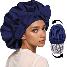 Satin Bonnet For Sleeping Women Silk Bonnet Double Layer Hair Bonnet Ajustable Silk Cap Scarf Wrap for Curly Hair With Tie Band - Sleepy Shower Cap (Navy Blue + Silver Grey)