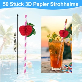 Tarqite Pack of 50 3D Fruit Paper Straws, Cocktail Straws, Colourful Paper Straws, Hawaiian Party Decoration, Biodegradable Straws for Party, Beach, Wedding