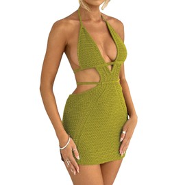 Women's Halter Bodycon Mini Dress Sleeveless Tie Backless Hollow Out Corset Knit Dress Wrap Dress Summer Beach Dress (Green, M)