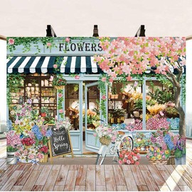 Flowers Shop Backdrop for Photography 8x6FT Spring Florals Butterfly Tea Party Background Hello Spring Banner Decorations Supplies Photo Props