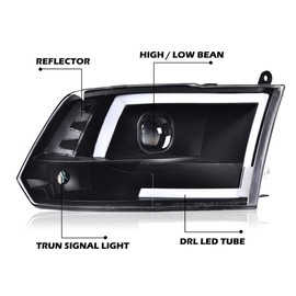 CROSSDESIGN LED DRL headlights Compatible with Dodge Ram 1500 2500 3500 2009 2010 2011 2012 bumper Headlamp Clear lens Black Housing Clear Reflector(Not Fit Dual Beam，Not Fit One Hole)