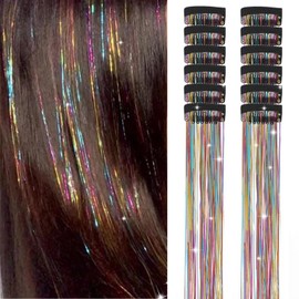 Nineibei 12Pcs Clip in Hair Tinsel 24Inch Tinsel Hair Extensions Kit Glitter Hair Tinsel Clip in Extension Hair Tinsel Heat Resist Sparkly Fairy Hair Accessories for Girls Women Kids (Rainbow 12Pcs)