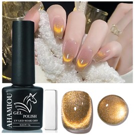 AHAMIOU Crystal Cat Eye Gel Polish Kits 9D Holographic Magnetic Cats Eyes Gel Nail Polish Shiny Glitter Laser Varnish UV Gel Varnish Nail Art Manicure Kit,Diamond Orange