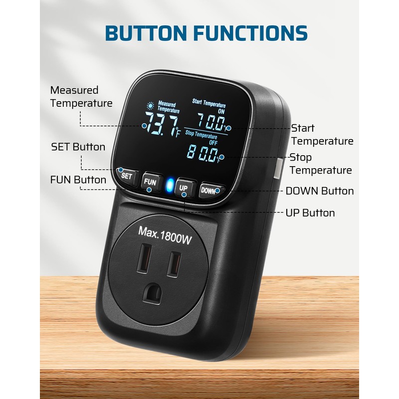 DEWENWILS Digital Temperature Controller, Heavy Duty 15A/1800W Thermostat Outlet Plug,