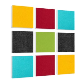 platino24 Acoustic Panels 9 Elements Colour Square 27.5 x 27.5 cm Multicoloured I Sound Absorber Made of Basotect G+ with Acoustic Felt I Sound Insulation Wall & Ceiling I Acoustic Elements Wall Panel