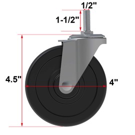 AAGUT 4 Inch Rubber Swivel Stem Caster, 1/2"-13x1.5" Threaded Stem, 4 Pack with 4 Nuts and 1 Spanner