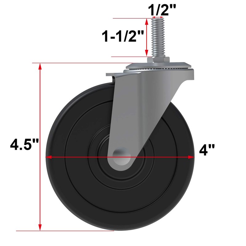 AAGUT 4 Inch Rubber Swivel Stem Caster, 1/2"-13x1.5" Threaded Stem,