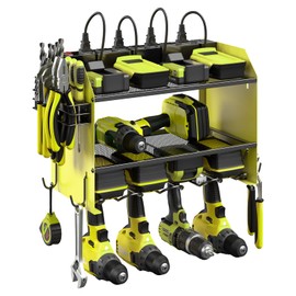 CCCEI Set Power Tool Organizer Wall Mount with Charging Station. Garage 4 Drill Storage Shelf with Hooks, Heavy Duty Metal Tool Battery Charger Organizer. Shop Utility Rack with Power Strip Green.