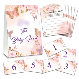 Chuxvon Find The Baby Food Party Games, Butterfly Baby Shower Game Set (1 Standing Sign + 20 Answer Cards + 6 Number Cards), Blush Pink Floral Name The Food Game, Party Favors Decorations(04)