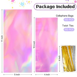 Ohuimrt 100 PCS Iridescent Cellophane Treat Bags, 4 x 9.5 Inches 5 x 11 Inches Plastic Holographic Goodie Bags with Ties for Candies, Snacks, Small Gifts