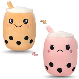 GDGZT Reversible Bubble Tea Plush, Reversible Plushies Boba Plush, Double-Sided Flip Plush Doll, Happy and Sad Mood Boba Plushies, Cute Plush Toys Gift for Girls and Boys (Brown & Pink)