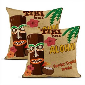 Zynii Set Of Two Throw Cushion Covers Decorative Tiki Bar Vintage Grunge Hawaii Hut Island 18 x 18 Inch Pillow Case Home Car Sofa Office Meeting Room Decor Cushion Pillowcase