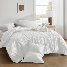 downluxe Boho Duvet Cover King - Embroidery Shabby Chic King Duvet Cover Set for All Seasons, 3 Pieces Tufted Boho Bedding, Comforter Cover with Zipper (White 03, King, 104" x 90")