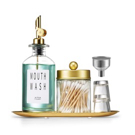 Glass Mouthwash Dispenser for Bathroom with Cups, Style Mouthwash Container Bottle with Qtip Holder,Glass Bottle 11.8oz Refillable Mouthwash Dispenser with Tray Funnel, Golden
