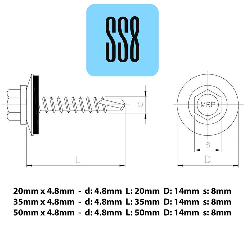 SS8® 25 x 35mm Screws Hex Head Self Tapping Roofing