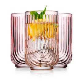 Glaver's Vintage Glassware Art Deco Glasse Ribbed Drinking Glasses U-Shape Arch Design Colored Cocktail Kitchen Tumblers Everyday Dinner Decorative Party (Pink S/4 17oz)