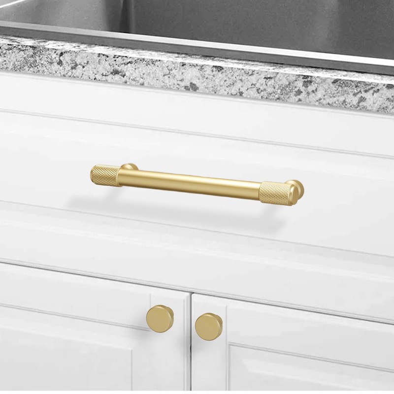 POVEFONK 10 Pack Brushed Brass Kitchen Cabinet Knobs Knurled Cabinet