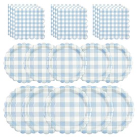 150PCS Blue Gingham Party Supplies, Light Blue Scalloped Paper Plates and Napkins Disposable Blue and White Checkered Party Decor for Baby Shower Birthday Wedding ,Serves 50 Guests
