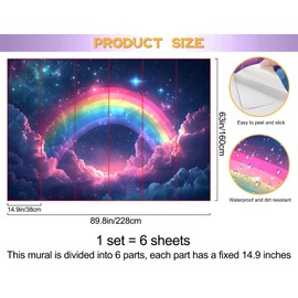 LiveGallery 63 * 89.8inch Large 3D Magic Starry Sky and Rainbow Wallpaper Peel and Stick Cartoon Clouds Stars Wall Mural Space Wall Decor for Kids Nursery Bedroom Ceiling Background Decoration (a)