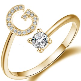 Initial Letter Ring for Women Girls Gold Stackable Alphabet Rings with Initial Adjustable Crystal Inlaid Initial Rings Bridesmaid Gift(G Gold)