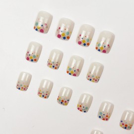 Multicolor Polka Dot Press on Nails Short Square Fake Nails Glossy False Nails Press ons with Design,Reusable Artificial Nails Full Cover Glue on Nails Stick on Nails for Women Manicure 24 Pcs
