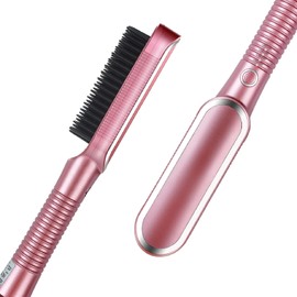Hair Straightener Brush,Ionic Hot Comb for Women with 20s Fast Heating, Anti-Scald & Dual Voltage,Straightening Brush for Curly & Frizzy Hair (Rose Gold, Large)