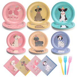 96Pcs Cute Puppy Party Plates and Napkins Sets, Includes 9" & 7" Disposable Paper Plates, Napkins, and Forks, for Kids, Dog Lovers, and Pet Birthday Party