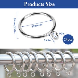 Businey 24 Pack Curtain Rings 50mm Silver Metal Curtain Rings Brass Curtains Ring Internal Diameter Curtains Hoops Rod Ring with Eyelet for for Window, Door and Shower Hanging