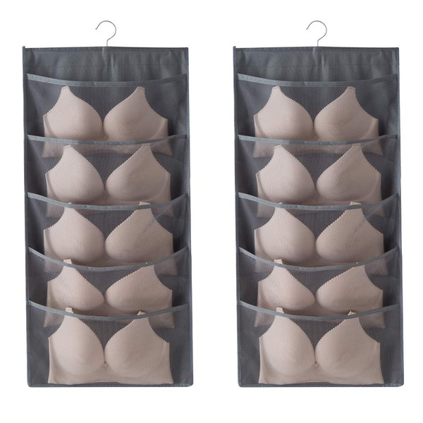 Enlarged Closet Hanging Bra Organizer with Rotating Metal Hanger, Extra-Large Dual Sided Wall Shelf Wardrobe Mesh Pockets Hanging Storage Bag for Bra Socks Underwear Underpants