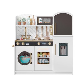 Treocho Play Kitchen for Kids, Wooden Toddler Kitchen Set with Storage, Modren Design Toy Kitchen with Faucet&Sink, Stove, Chalkboard, Icemaker and Various Accessories for Kids Ages 3+, White