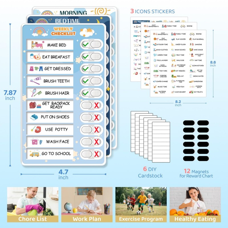 3 in 1 Bedtime/Morning/Weekly Routine Chart for Kids, Magnetic Chore