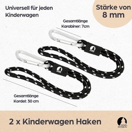 TANNDESIGN - 2 x Universal Pram Hooks for Attaching Bag, Backpack, Handbag & Changing Bag - Pram Hook with Carabiner Hook 8 mm Thickness - Pram Bag Holder & Holder
