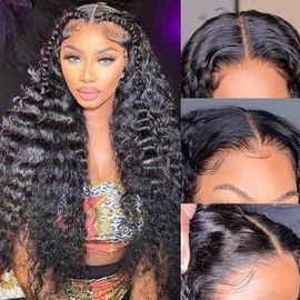 Twigoal Deep Wave HD Lace Front Wigs Human Hair Wear and Go Glueless Wigs Pre Plucked Pre Cut 4x4 HD Transparent Lace Front Wigs for Women Wet and Wavy Lace Closure Wigs Natural Hairline(24 Inch)