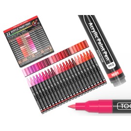 Acrylic Paint Pens 22 Red & Pink Tones Assorted Pro Color Series Markers Set 0.7mm Extra Fine Tip for Rock Painting, Glass, Mugs, Wood, Metal, Canvas, Projects, Non Toxic, Waterbased, Quick Drying