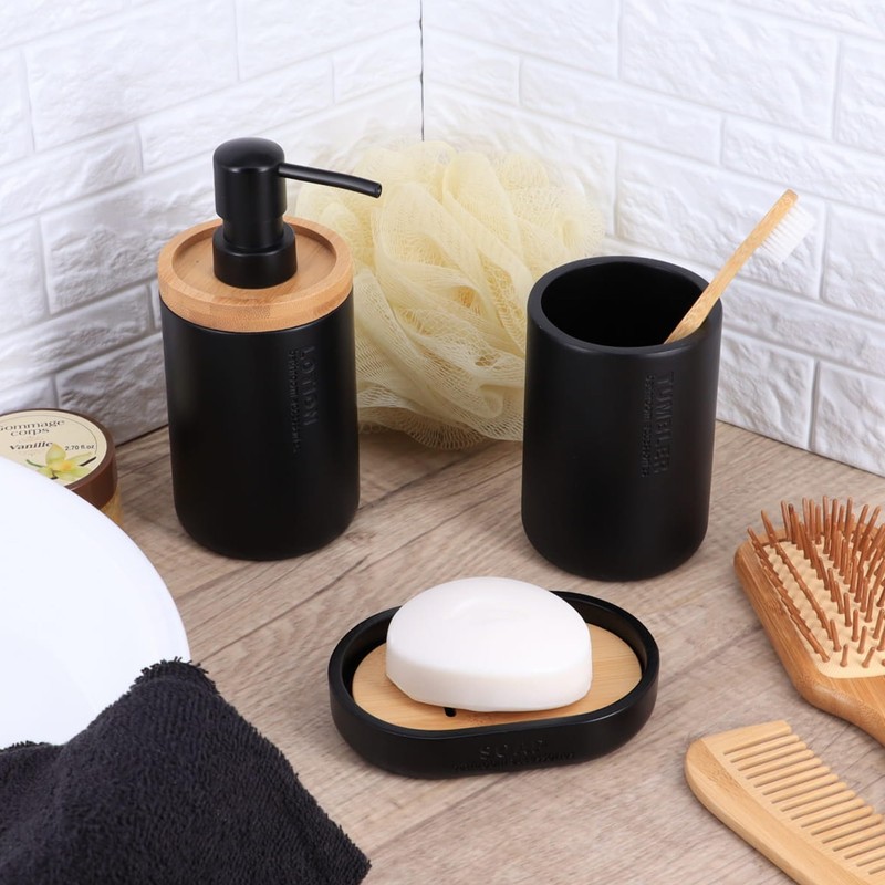 Sleek Matte Black Soap Dispenser with Natural Bamboo Detail -