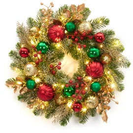 Adeeing 16" Christmas Wreath for Front Door, Lighted Christmas Wreath with 30 LED Lights Timer Red Green Gold Xmas Balls, Battery Operated Snow Flocked Winter Wreath for Fireplace Window Outdoor Decor