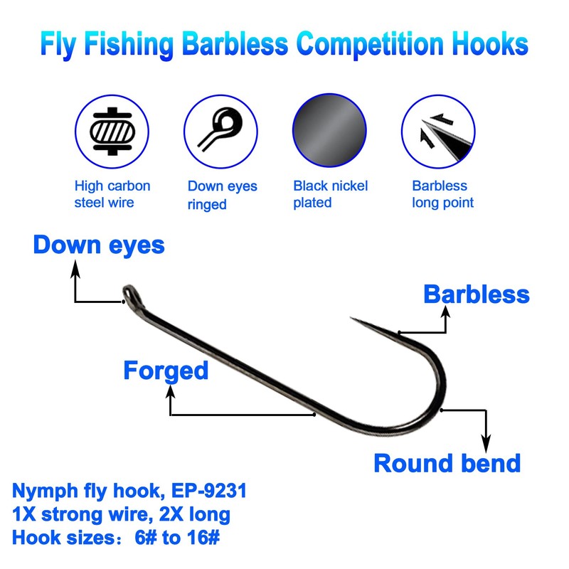 100pcs Eupheng Plus Best Barbless Competition Fly Fishing Hook Collection,