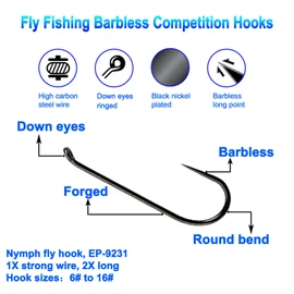 100pcs Eupheng Plus Best Barbless Competition Fly Fishing Hook Collection, Dry Nymph Strimp&Pupa, Pupa& Larva jig Fly Hooks High Carbon Competition Hook (Nymph Fly Hook EP-9231, 14#)