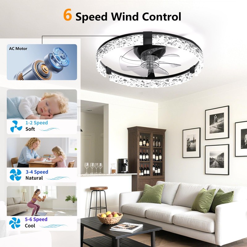 Aphyni Ceiling Fans with Lights and Remote, Crystal-Edged Modern Flush