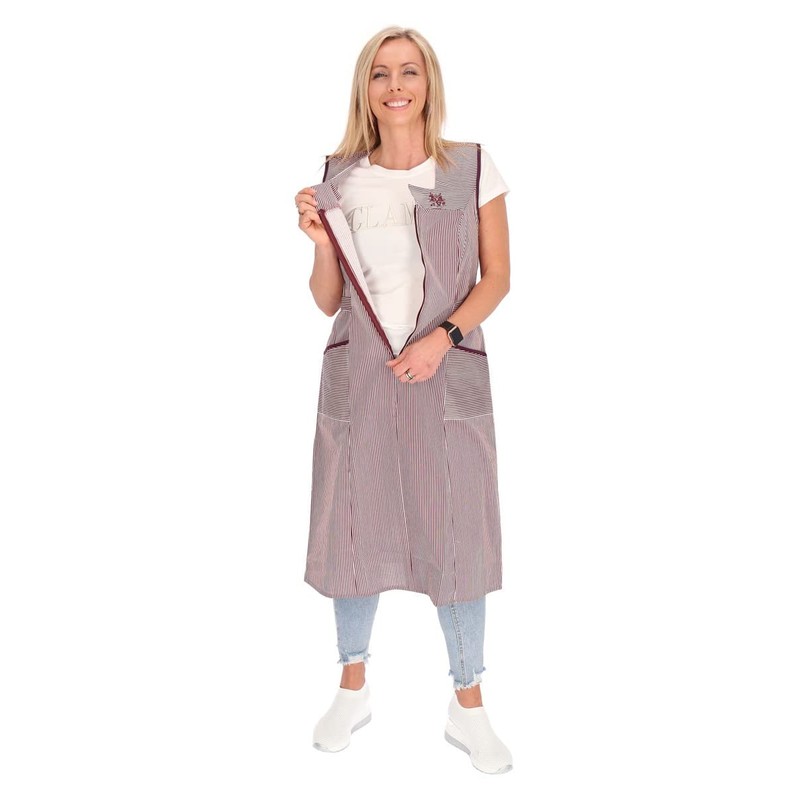 Zip Gown Striped House Dress Cotton Apron Cooking Apron, bordeaux